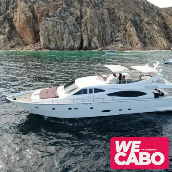 Image of the luxurious 88ft Ferretti yacht cruising the waters of Cabo San Lucas, offering stunning views and comfortable spaces for activities and relaxation.