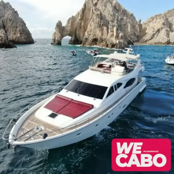 Image of the luxurious 88ft Ferretti yacht cruising the waters of Cabo San Lucas, offering stunning views and comfortable spaces for activities and relaxation.