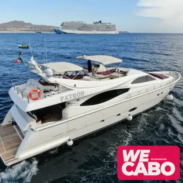 Image of the luxurious 88ft Ferretti yacht cruising the waters of Cabo San Lucas, offering stunning views and comfortable spaces for activities and relaxation.