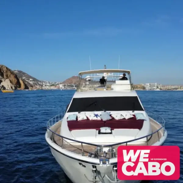 Image of the luxurious 88ft Ferretti yacht cruising the waters of Cabo San Lucas, offering stunning views and comfortable spaces for activities and relaxation.