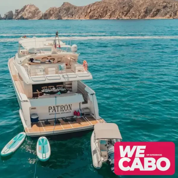 Image of the luxurious 88ft Ferretti yacht cruising the waters of Cabo San Lucas, offering stunning views and comfortable spaces for activities and relaxation.