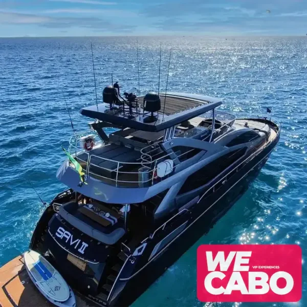 Image of a black yacht in Cabo San Lucas, offering a VIP experience with luxury and exclusivity, courtesy of WECABO.