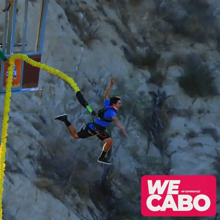 Imagen de un salto bungee desde una góndola con fondo de cristal a 300 pies de altura en Los Cabos, cortesía de WECABO.