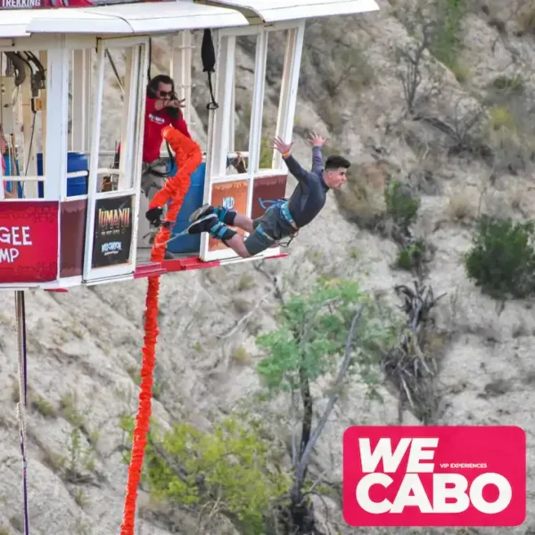 Image of a bungee jump from a glass-bottom gondola 300 feet above ground in Los Cabos, courtesy of WECABO.