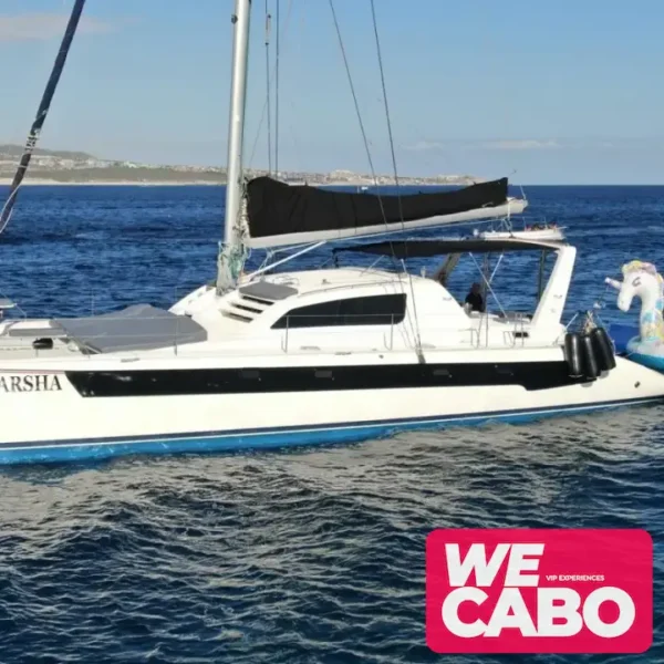 Imagen del catamarán de vela Leopard 52 navegando en las aguas de Cabo San Lucas, con espacio para 35 personas y equipado con comodidades de lujo.