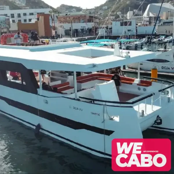 Imagen de un catamarán de lujo navegando cerca del Arco de Cabo San Lucas, ideal para grupos grandes, cortesía de WECABO.