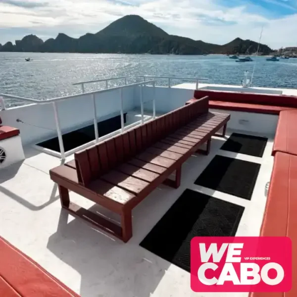 Imagen de un catamarán de lujo navegando cerca del Arco de Cabo San Lucas, ideal para grupos grandes, cortesía de WECABO.