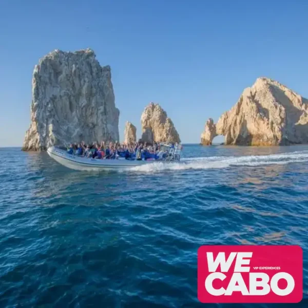 Image of a combo tour in Cabo San Lucas featuring a visit to the Arch and a camel ride along the beach, courtesy of WECABO.