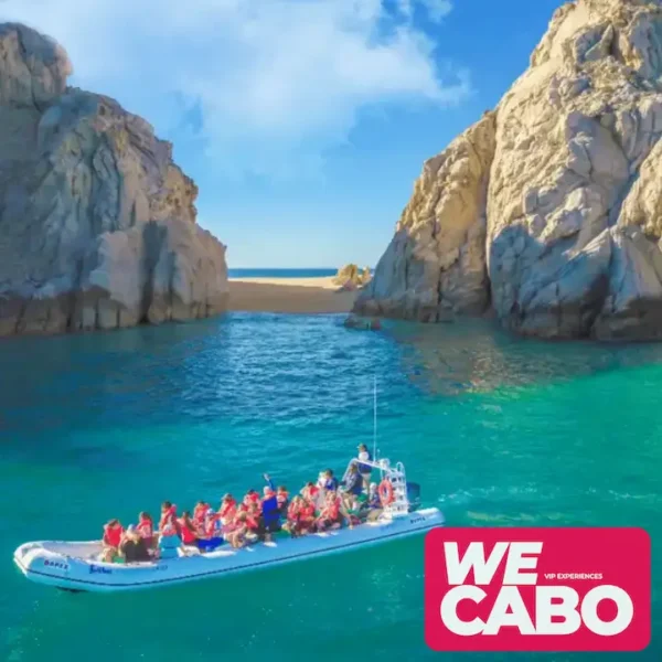 Image of a combo tour in Cabo San Lucas featuring a visit to the Arch and a camel ride along the beach, courtesy of WECABO.