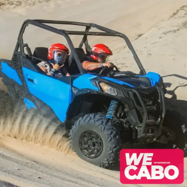 Imagen de un tour combinado en Cabo San Lucas con paseo en camello y conducción de RZR 4x4 en paisajes desérticos, cortesía de WECABO.