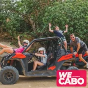 Image of a combo tour in Cabo San Lucas featuring a camel ride and RZR 4x4 adventure in desert landscapes, courtesy of WECABO.