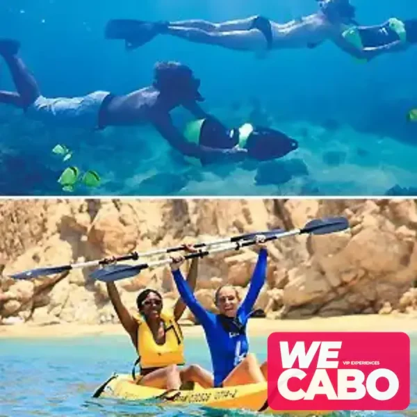 Image of a combo tour featuring snorkeling and a visit to the Arch of Cabo San Lucas, with water activities, courtesy of WECABO.