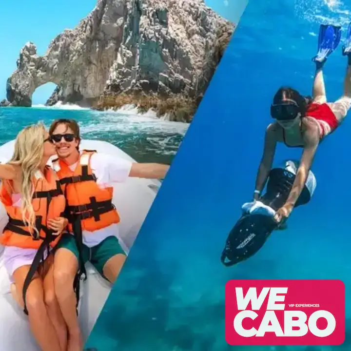 Imagen de un tour combinado de snorkel y visita al Arco de Cabo San Lucas, con actividades acuáticas, cortesía de WECABO.