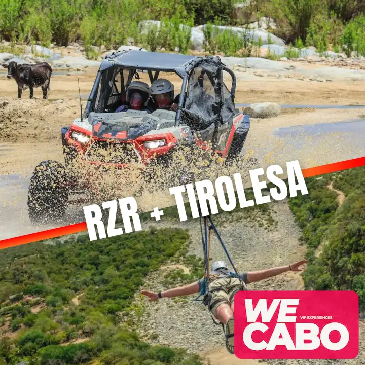 Imagen de un combo tour con tirolesas y manejo de ATV 4x4 en los paisajes desérticos de Los Cabos, cortesía de WECABO.