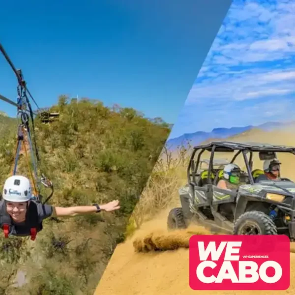 Imagen de un combo tour con tirolesas y manejo de ATV 4x4 en los paisajes desérticos de Los Cabos, cortesía de WECABO.