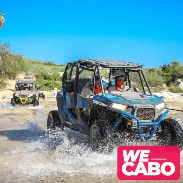 Image of a combo tour featuring ziplining and ATV 4x4 driving through the desert landscapes of Los Cabos, courtesy of WECABO.