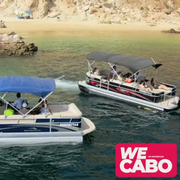 Image of a luxury trimaran cruising in Cabo San Lucas, perfect for parties or sunsets, courtesy of WECABO.