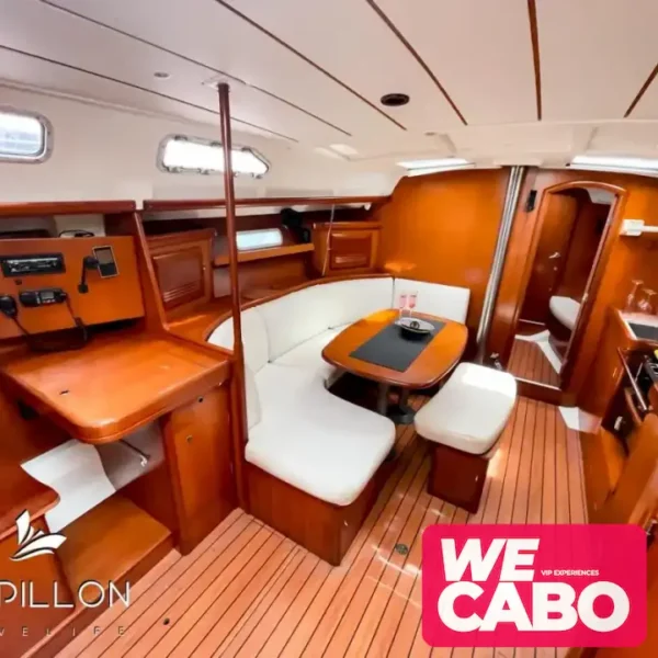 Image of a 42ft French sailboat cruising in Cabo San Lucas, perfect for private experiences, courtesy of WECABO.