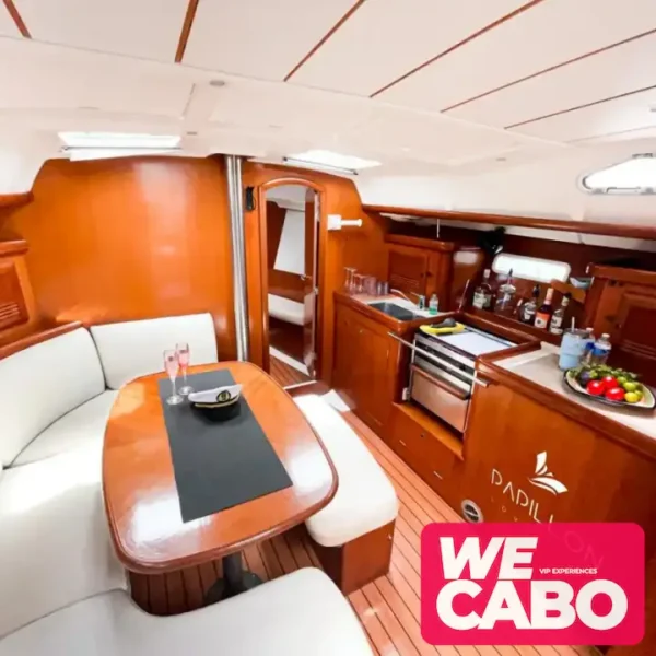 Image of a 42ft French sailboat cruising in Cabo San Lucas, perfect for private experiences, courtesy of WECABO.