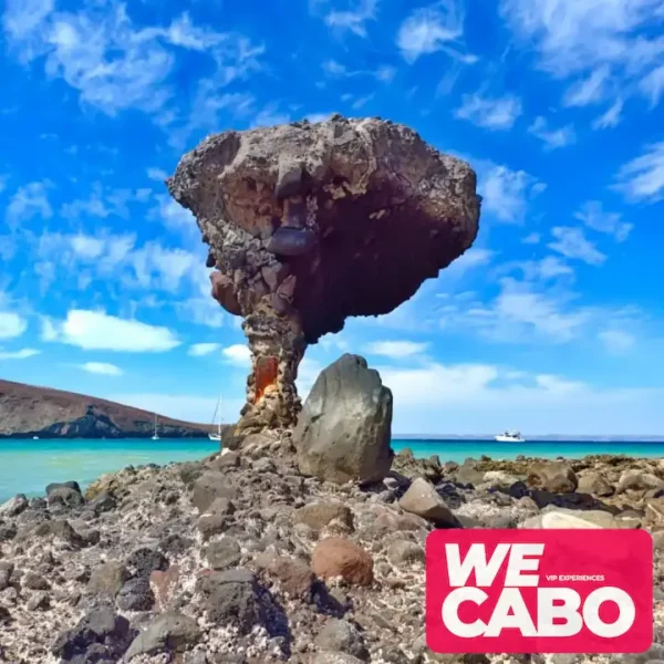 Panoramic view of Balandra Beach with its crystal-clear waters and unique landscapes, part of the tour from Los Cabos including transportation and a visit to the La Paz Malecón.