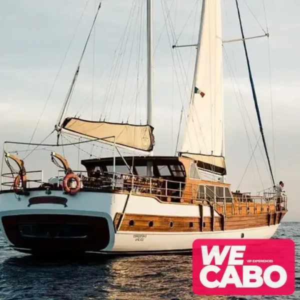 Image of a luxury yacht cruising at sunset in Cabo San Lucas, featuring a private chef dinner and premium bar, courtesy of WECABO.