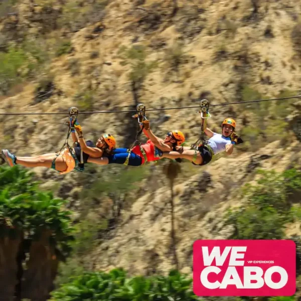 Imagen de una persona deslizándose en una tirolesa sobre un cañón en Los Cabos, rodeada de un paisaje desértico y naturaleza.