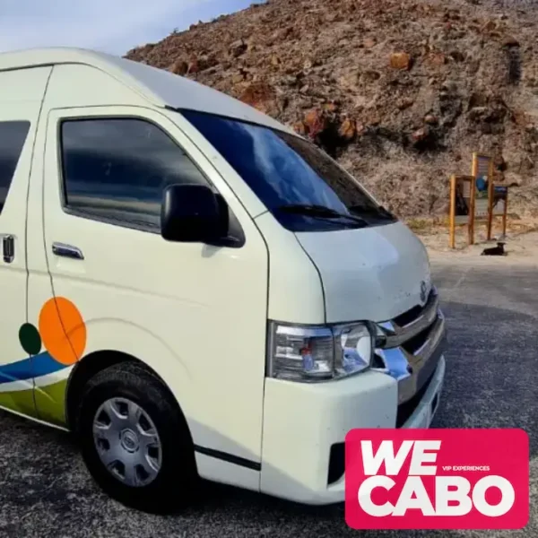 Vista panorámica de Playa Balandra con sus aguas cristalinas y paisajes únicos, parte del tour desde Los Cabos que incluye transporte y visita al Malecón de La Paz.