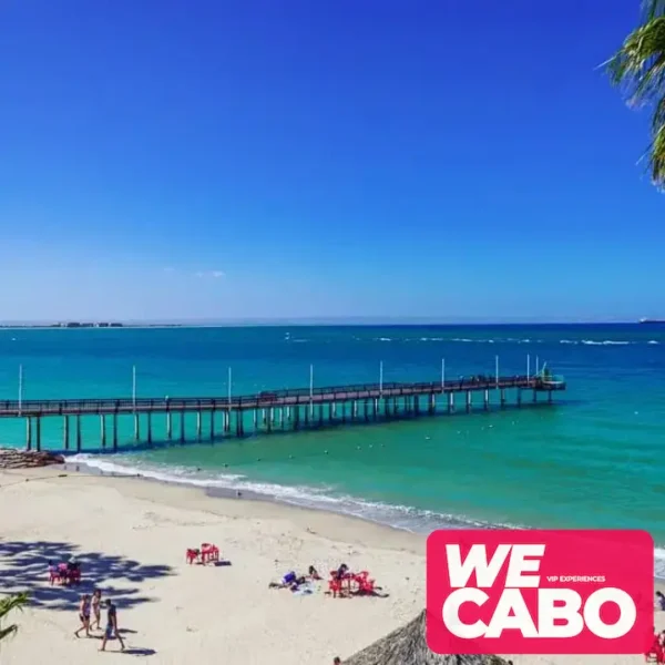 Vista panorámica de Playa Balandra con sus aguas cristalinas y paisajes únicos, parte del tour desde Los Cabos que incluye transporte y visita al Malecón de La Paz.