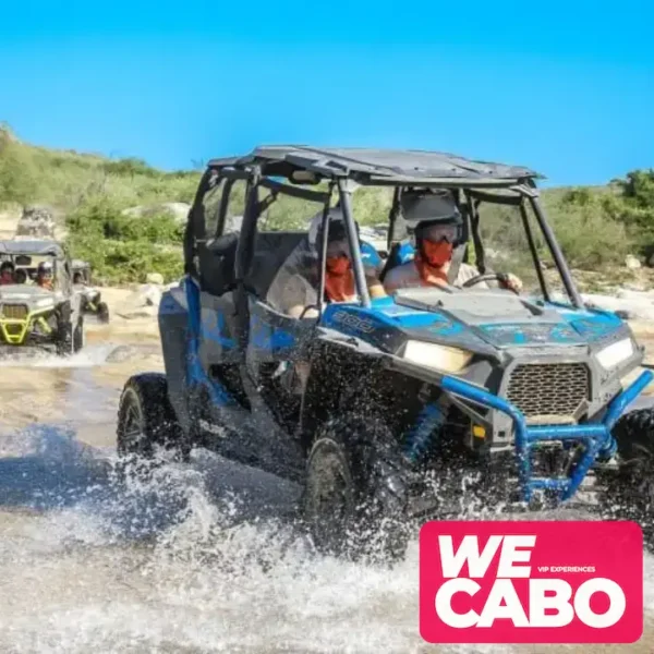 Imagen de un ATV recorriendo un sendero del desierto de Baja California, rodeado de un paisaje árido con montañas y cielos despejados.