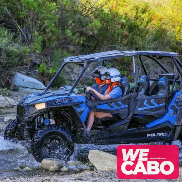 Imagen de un ATV recorriendo un sendero del desierto de Baja California, rodeado de un paisaje árido con montañas y cielos despejados.