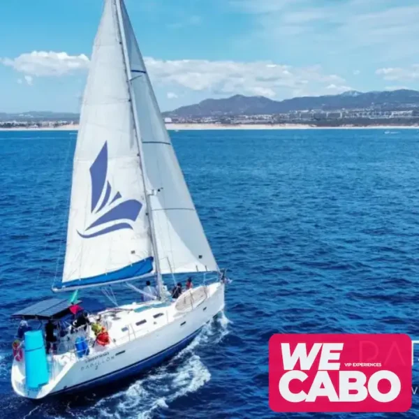 Imagen de un velero francés de 42 pies navegando en Cabo San Lucas, ideal para experiencias privadas, cortesía de WECABO.